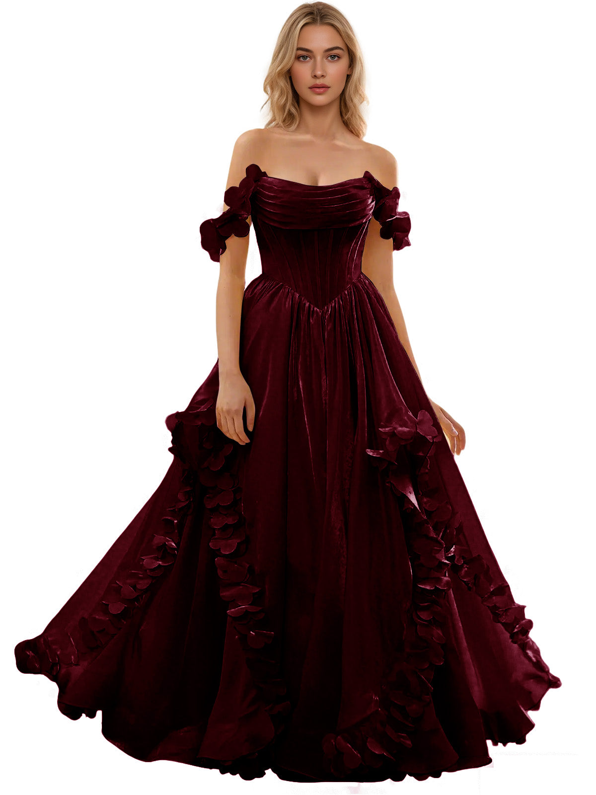 Off Shoulder Ruffle Tulle Ball Gown Prom Dress with Floral Applique
