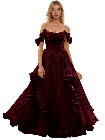 Off Shoulder Ruffle Tulle Ball Gown Prom Dress with Floral Applique