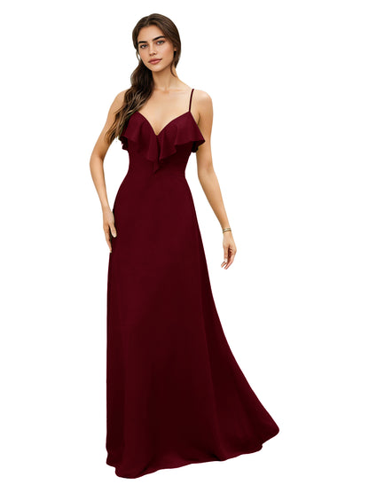 Ruffle V-Neck Chiffon Bridesmaid Dress with Spaghetti Straps