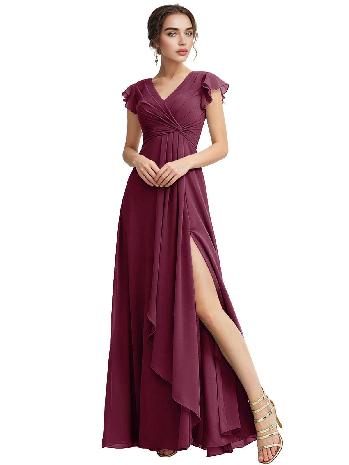 Cap Sleeve Chiffon Bridesmaid Dress with Ruffle V-Neck and Slit