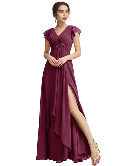 Cap Sleeve Chiffon Bridesmaid Dress with Ruffle V-Neck and Slit