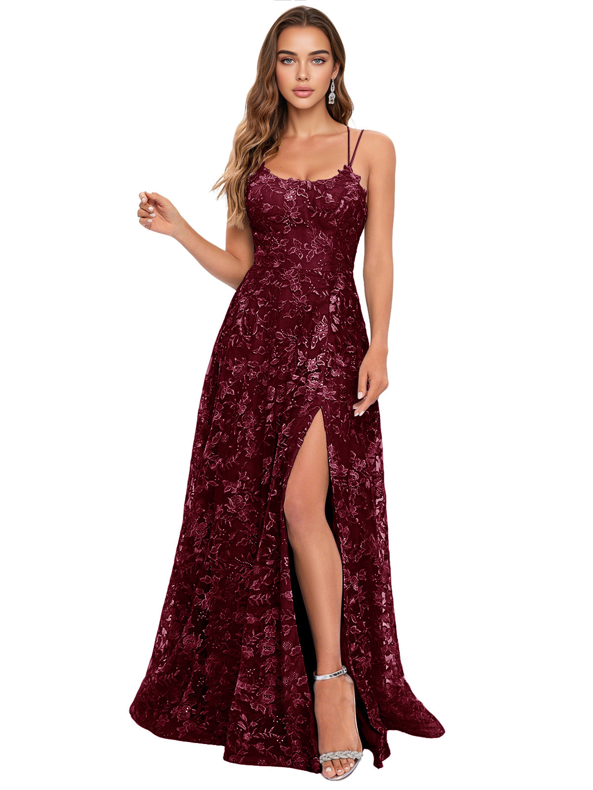 Scoop Neck Lace A-Line Prom Dress with Spaghetti Straps and Side Slit