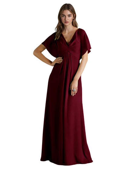 Short Sleeve V-Neck Chiffon Bridesmaid Dress with Gathered Waist