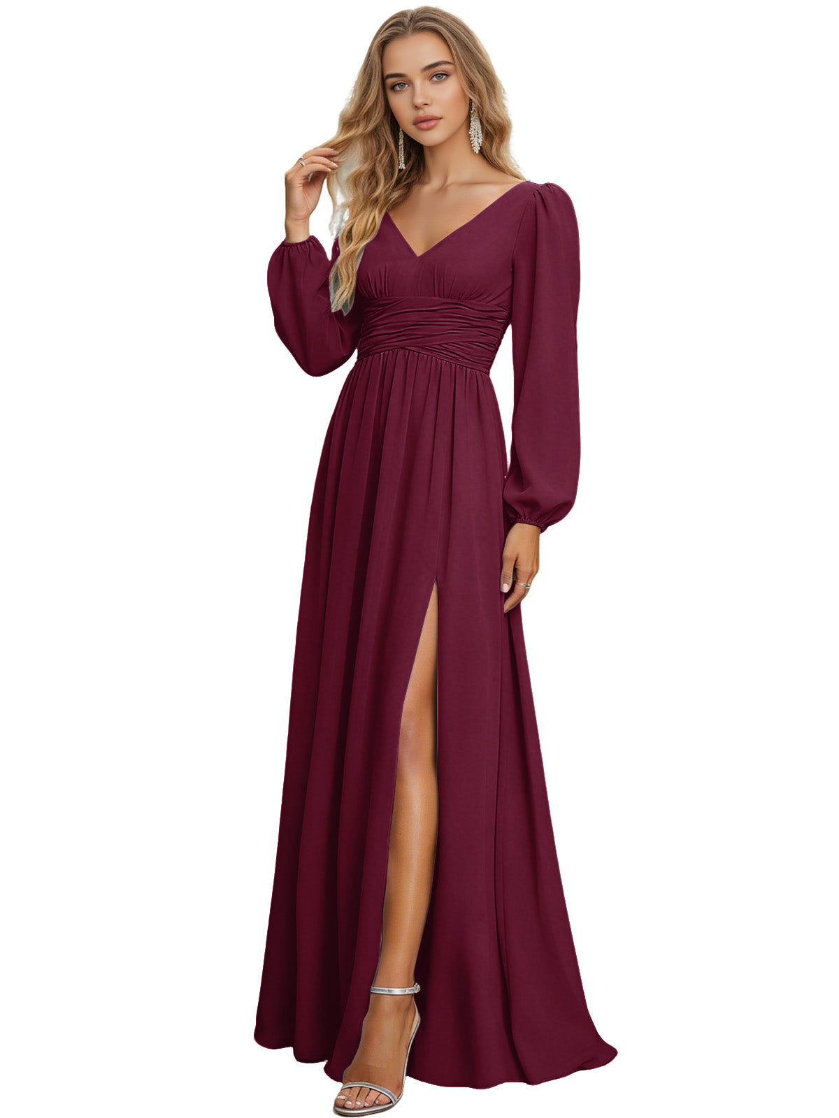 Long Sleeve V-Neck Chiffon Bridesmaid Dress with Front Slit