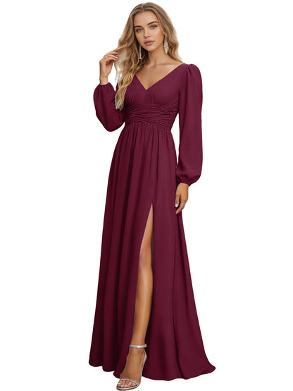 Long Sleeve V-Neck Chiffon Bridesmaid Dress with Front Slit