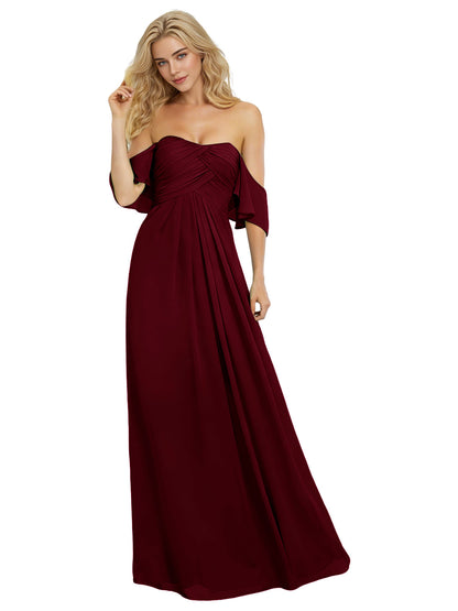 Off Shoulder Chiffon Bridesmaid Dress with Bow Sleeve Detail