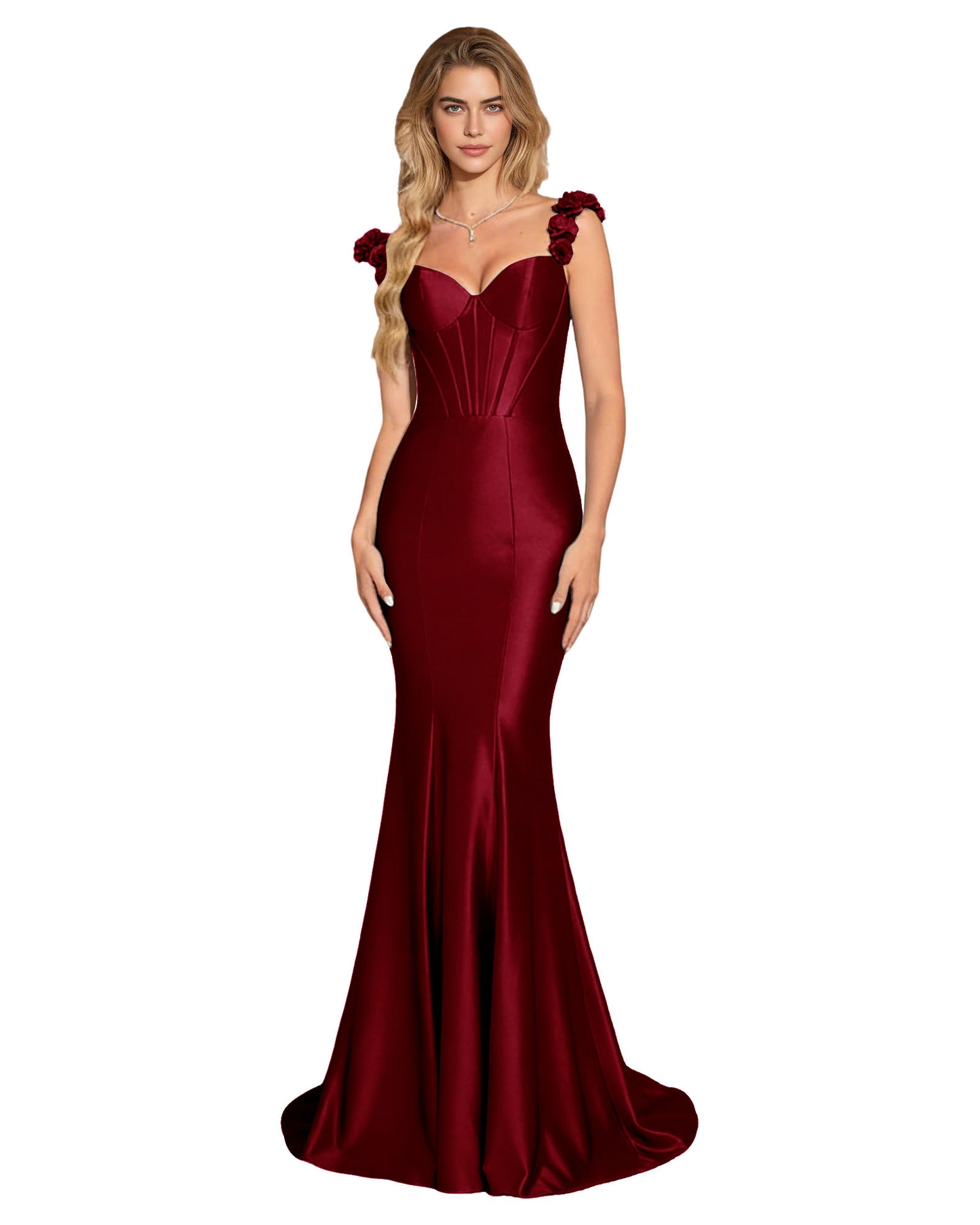 Floral Strap Satin Mermaid Prom Dress with Corset Bodice and Sweep Train