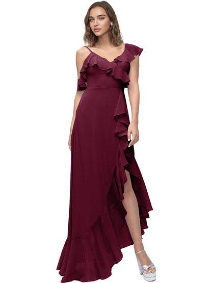 Asymmetrical Ruffle Chiffon Bridesmaid Dress with High Low Slit