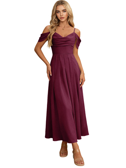 Off Shoulder Midi Bridesmaid Dress with Pleated Bodice and Flowing dress
