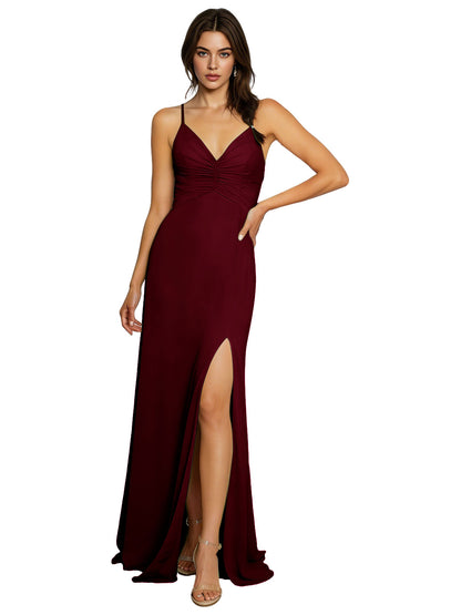 Minimal Spaghetti Strap Chiffon Bridesmaid Dress with Front Slit