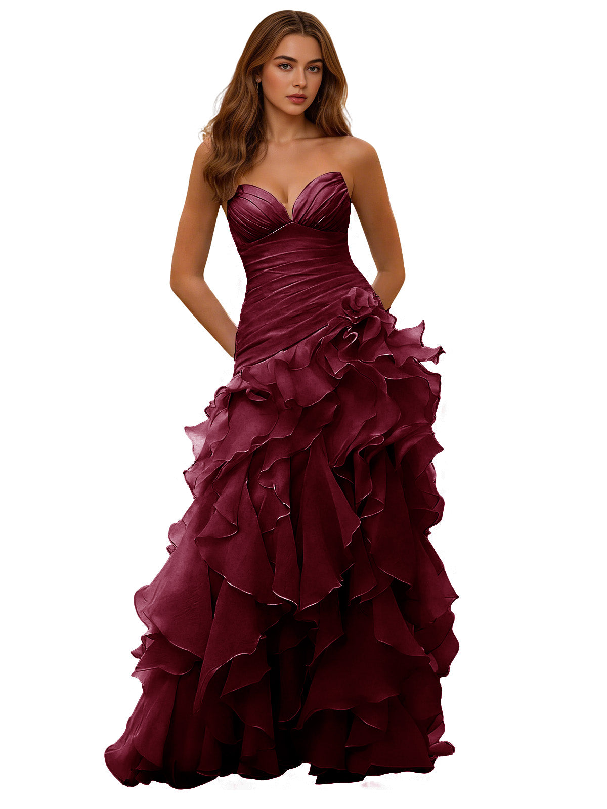 Strapless Organza Ruffle Ball Gown Prom Dress with Draped Corset Bodice