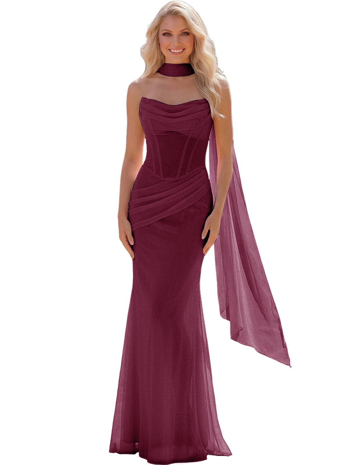 Strapless Chiffon Bridesmaid Gown with Sheer Boned Bodice, Ruched Waist and Scarf