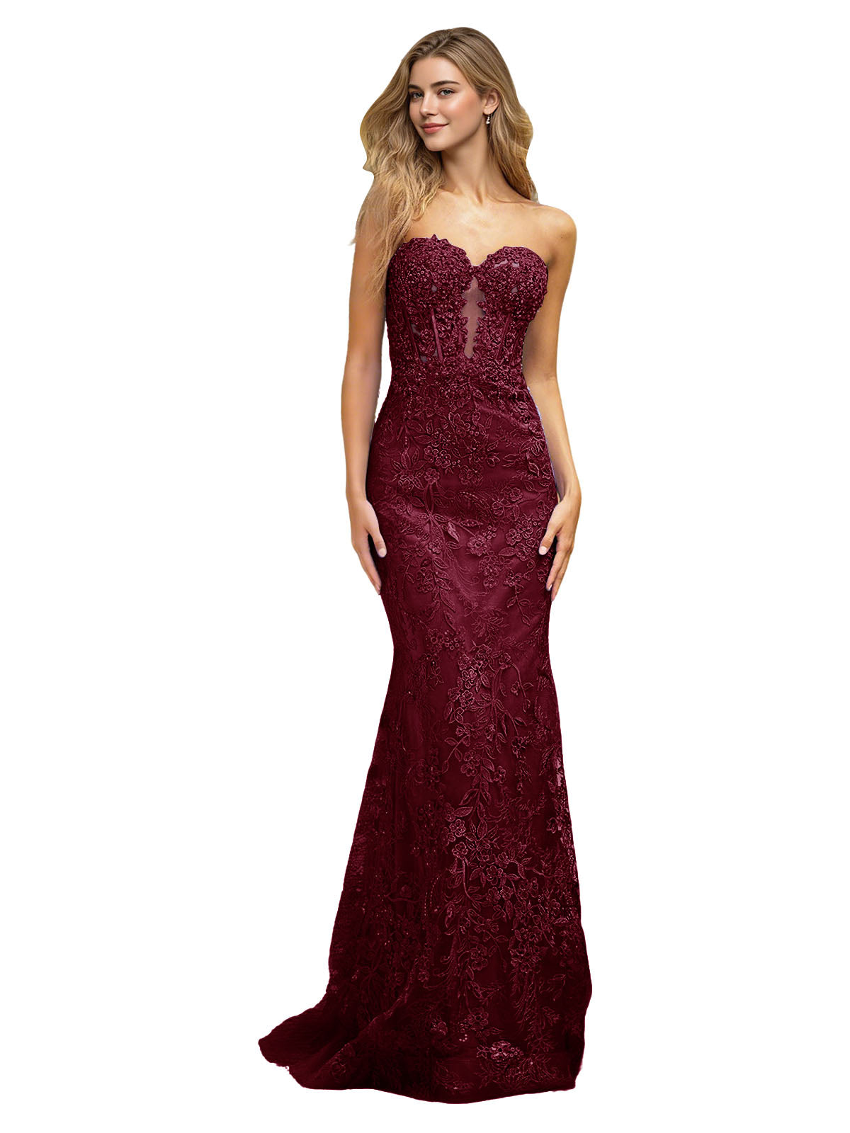 Strapless Floral Lace Mermaid Prom Dress with Sparkle Applique and Train