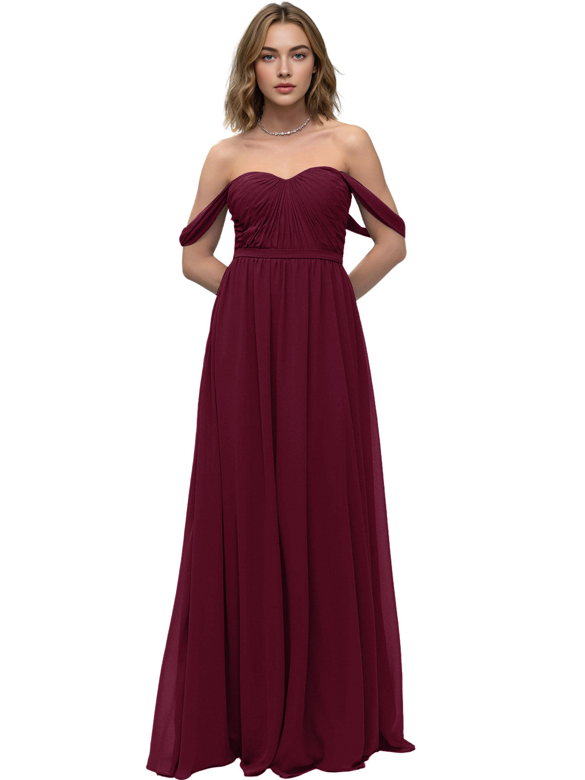 Off Shoulder Sweetheart Chiffon Bridesmaid Dress with Ruched Bodice