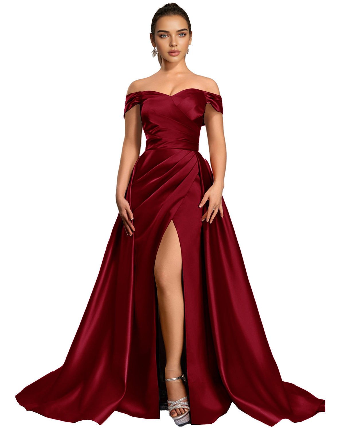 Off Shoulder Satin Ball Gown Prom Dress with Draped Bodice and Slit