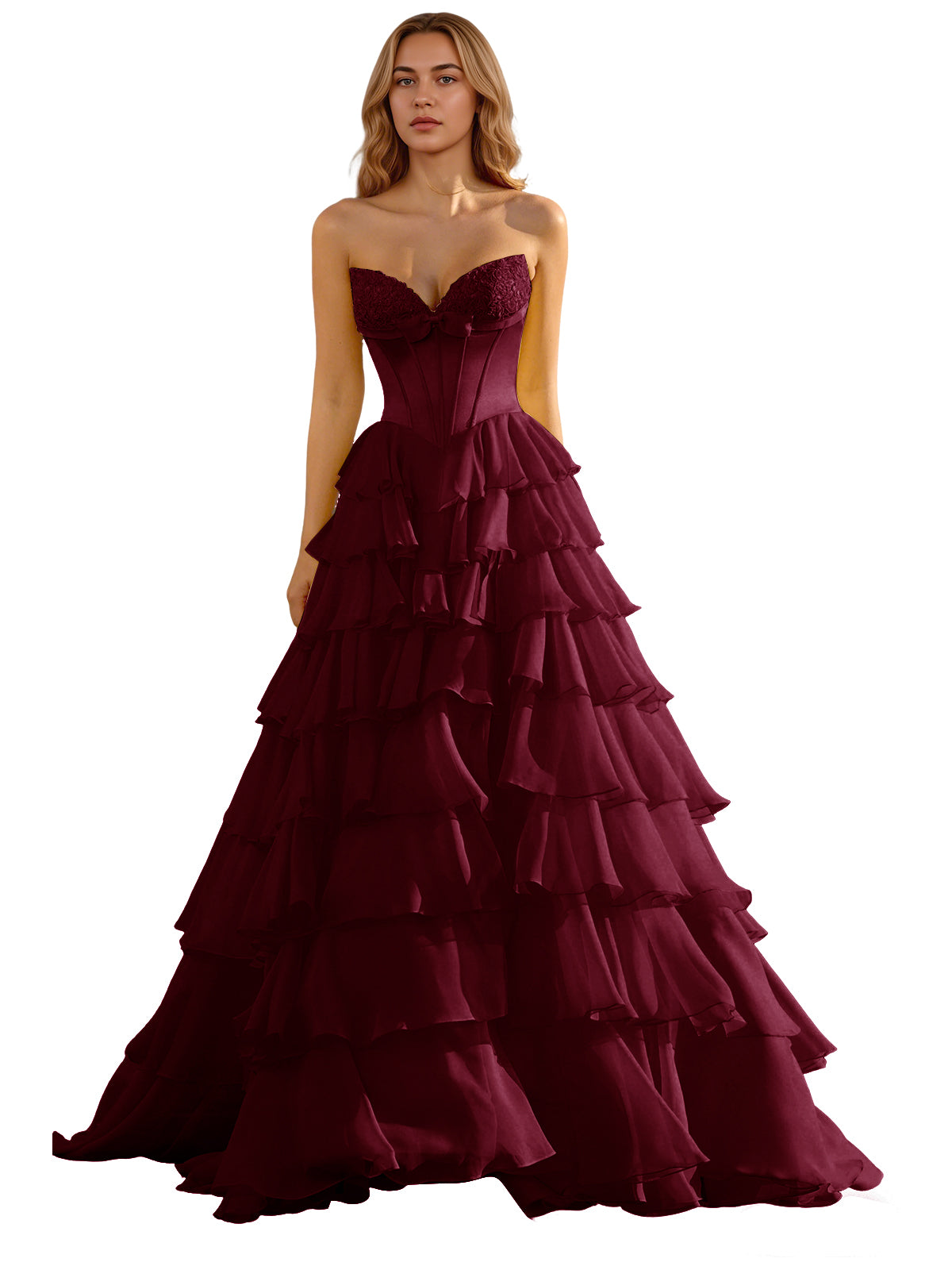 Strapless Tiered Organza Ball Gown Prom Dress with Corset Top