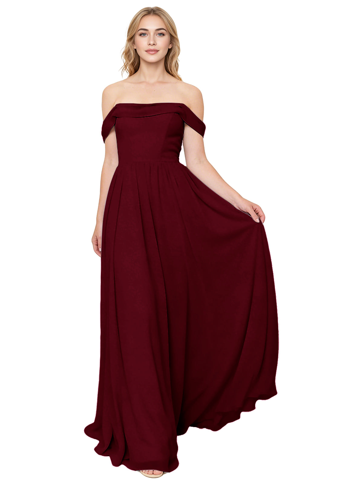 Off Shoulder Pleated Chiffon Bridesmaid Dress with Flowing A-Line Dress