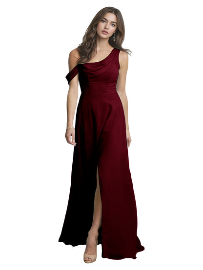One Shoulder Satin Bridesmaid Dress with Draped Neckline and Slit