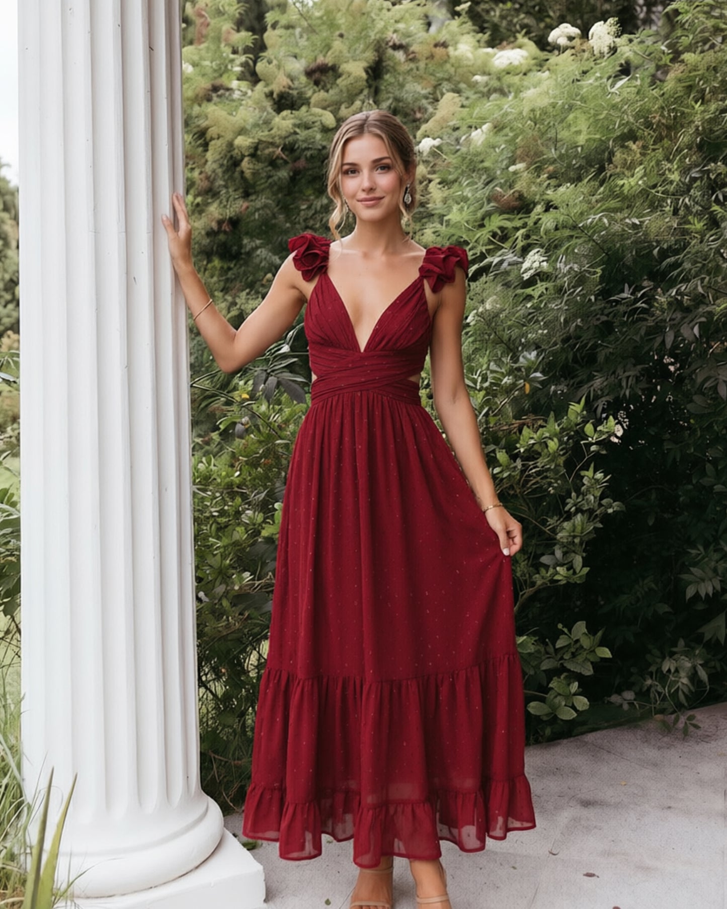 Deep V-Neck Swiss Dot Chiffon Bridesmaid Dress with Ruffle Straps