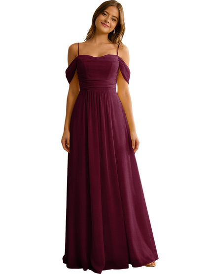 Off Shoulder Chiffon Bridesmaid Dress with Soft Pleated Bodice