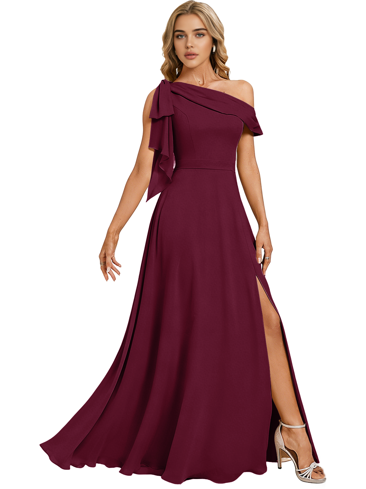 Asymmetric Off Shoulder Bridesmaid Dress with Draped Sleeve and Slit