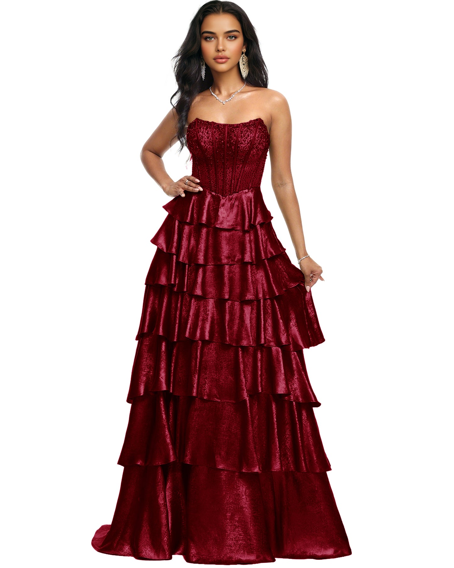 Strapless Tiered Sequin A-Line Prom Dress with Ruffle Layers