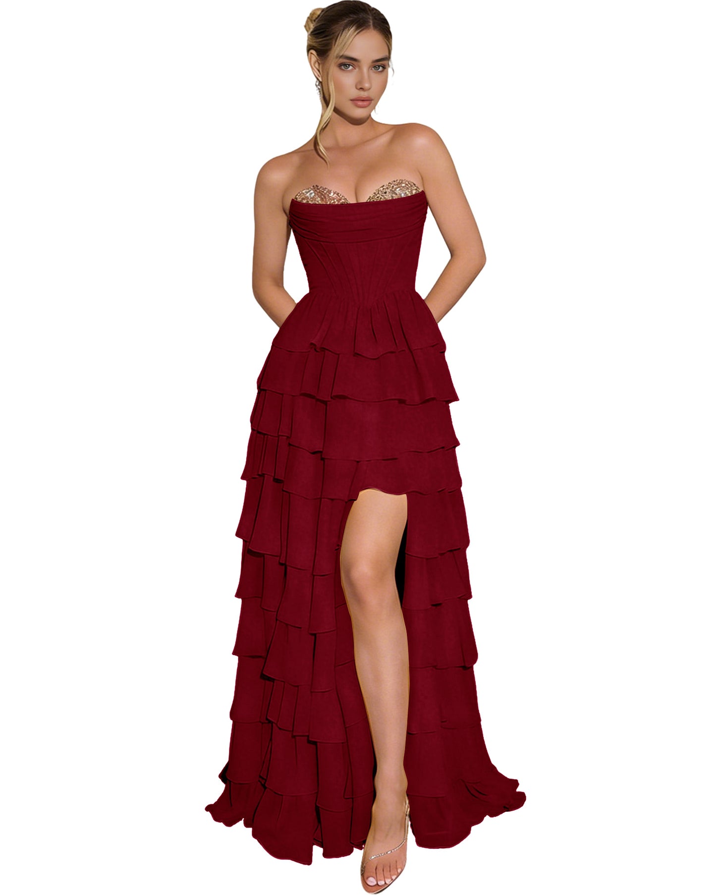 Strapless Layered Tulle Prom Dress with Corset Bodice and High Low Hem