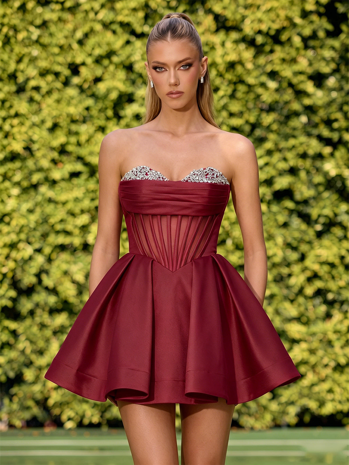 Strapless Crystal Corset Satin A-Line Homecoming Dress