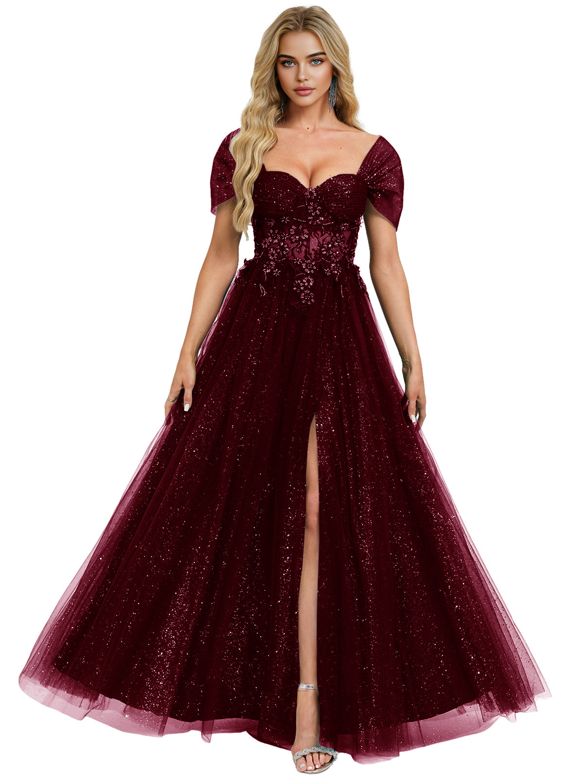 Short Sleeve Glitter Tulle Prom Dress with Illusion Bodice and Slit