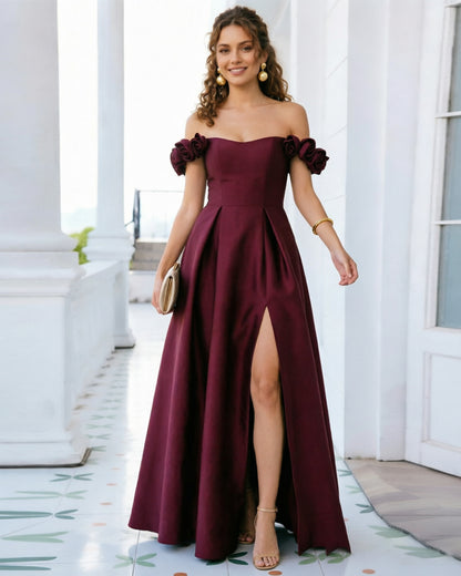 Off Shoulder Floral Sleeve Satin Formal Dress with Side Slit
