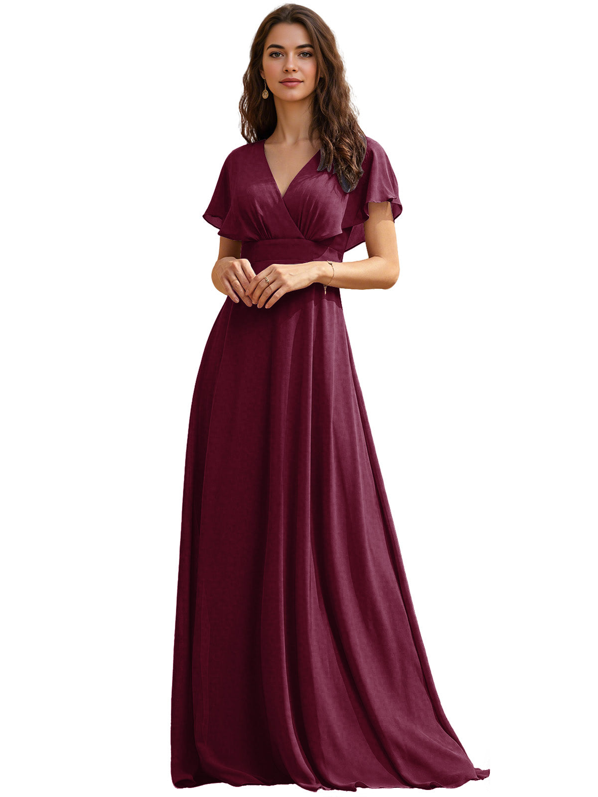 Flutter Sleeve V-Neck Chiffon Bridesmaid Dress with Flowing dress