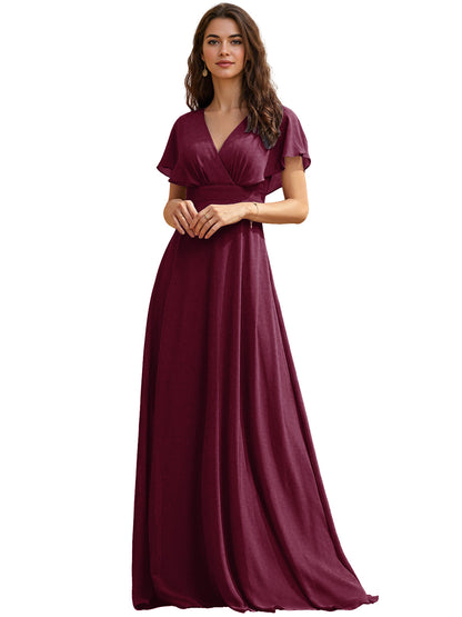 Flutter Sleeve V-Neck Chiffon Bridesmaid Dress with Flowing dress
