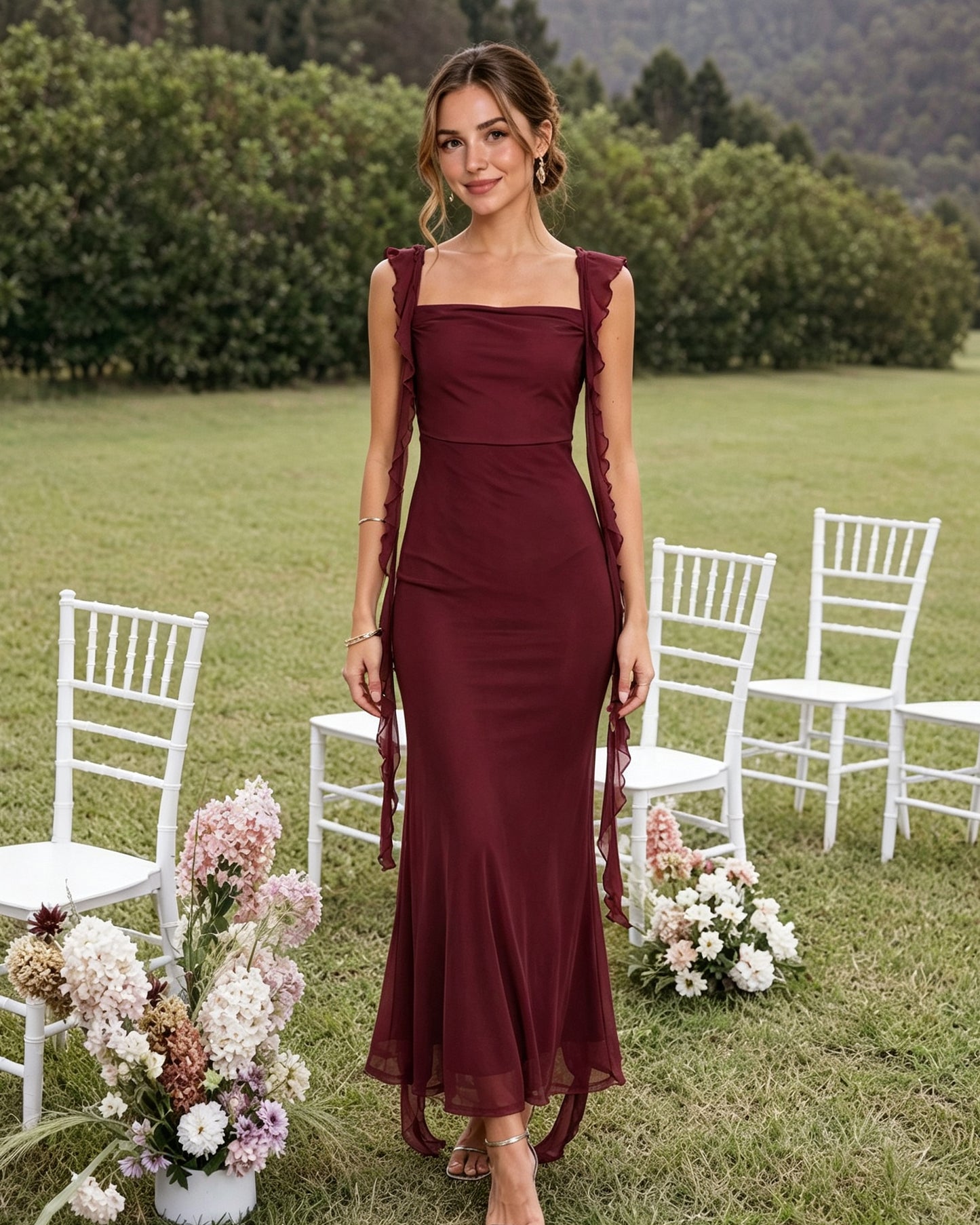 Square Neck Chiffon Bridesmaid Dress with Long Ruffled Straps