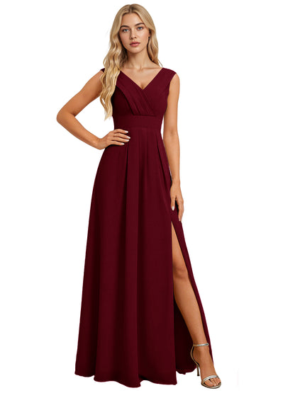 Surplice V-Neck Chiffon Bridesmaid Dress with A-Line Slit dress