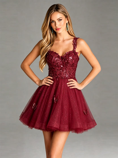 Floral Lace Strap Glitter Tulle Homecoming Dress