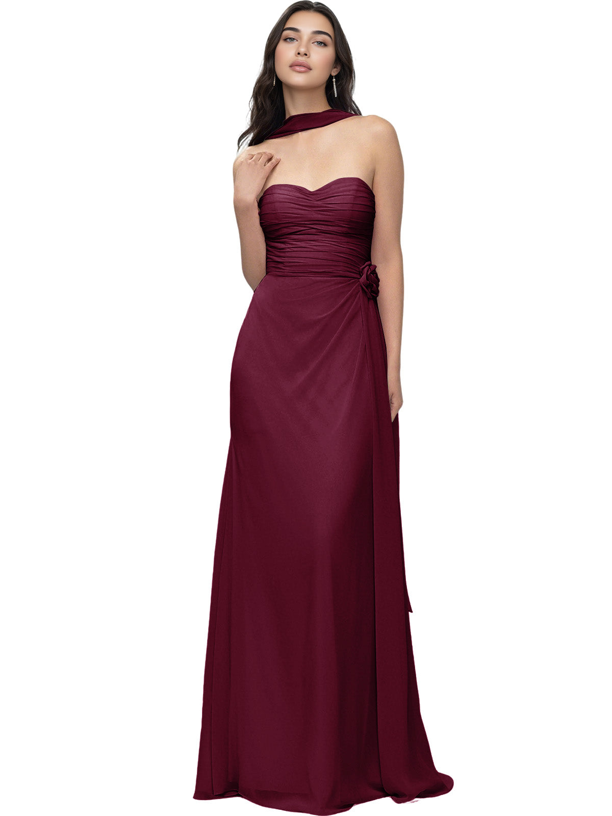 Strapless Chiffon Bridesmaid Dress with Wrapped Bodice and Slit Dress