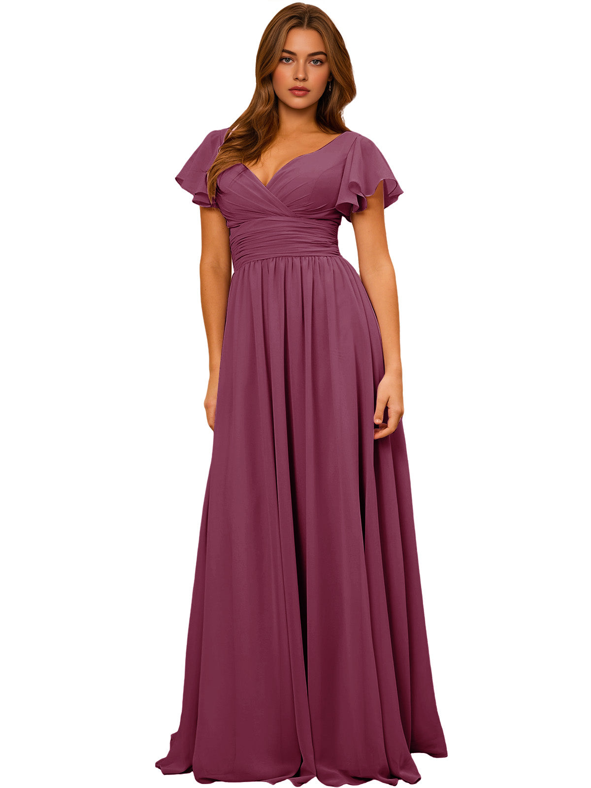 V-Neck Flutter Sleeve Chiffon Bridesmaid Dress with Empire Waist