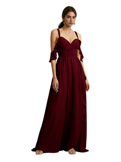 Cold Shoulder Chiffon Bridesmaid Dress with Draped V-Neck Bodice