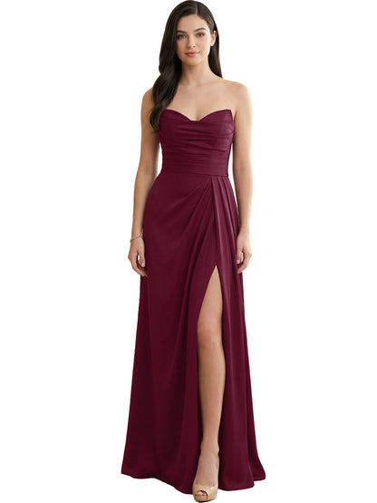 Strapless Pleated Satin Bridesmaid Dress with Side Slit