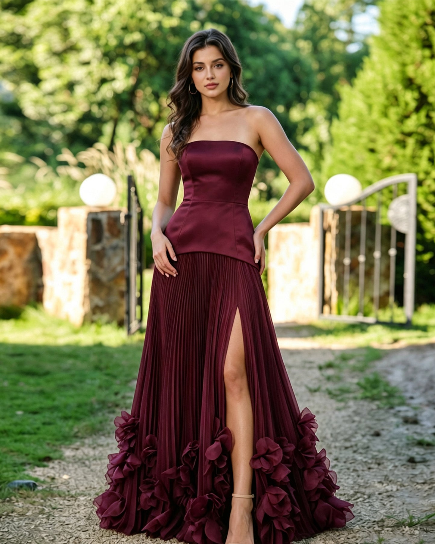 Strapless Floral Hem Formal Dress with Pleated Slit dress