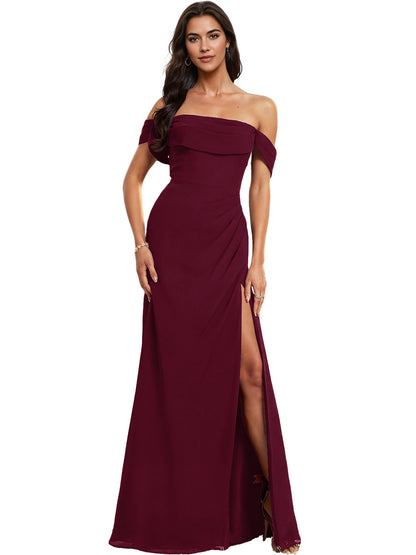 Off Shoulder Crepe Bridesmaid Dress with Foldover Neckline and Slit