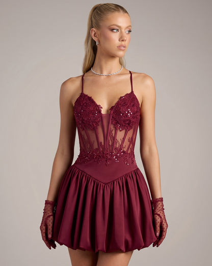 Spaghetti Strap Lace Corset Homecoming Dress with Flared Skirt