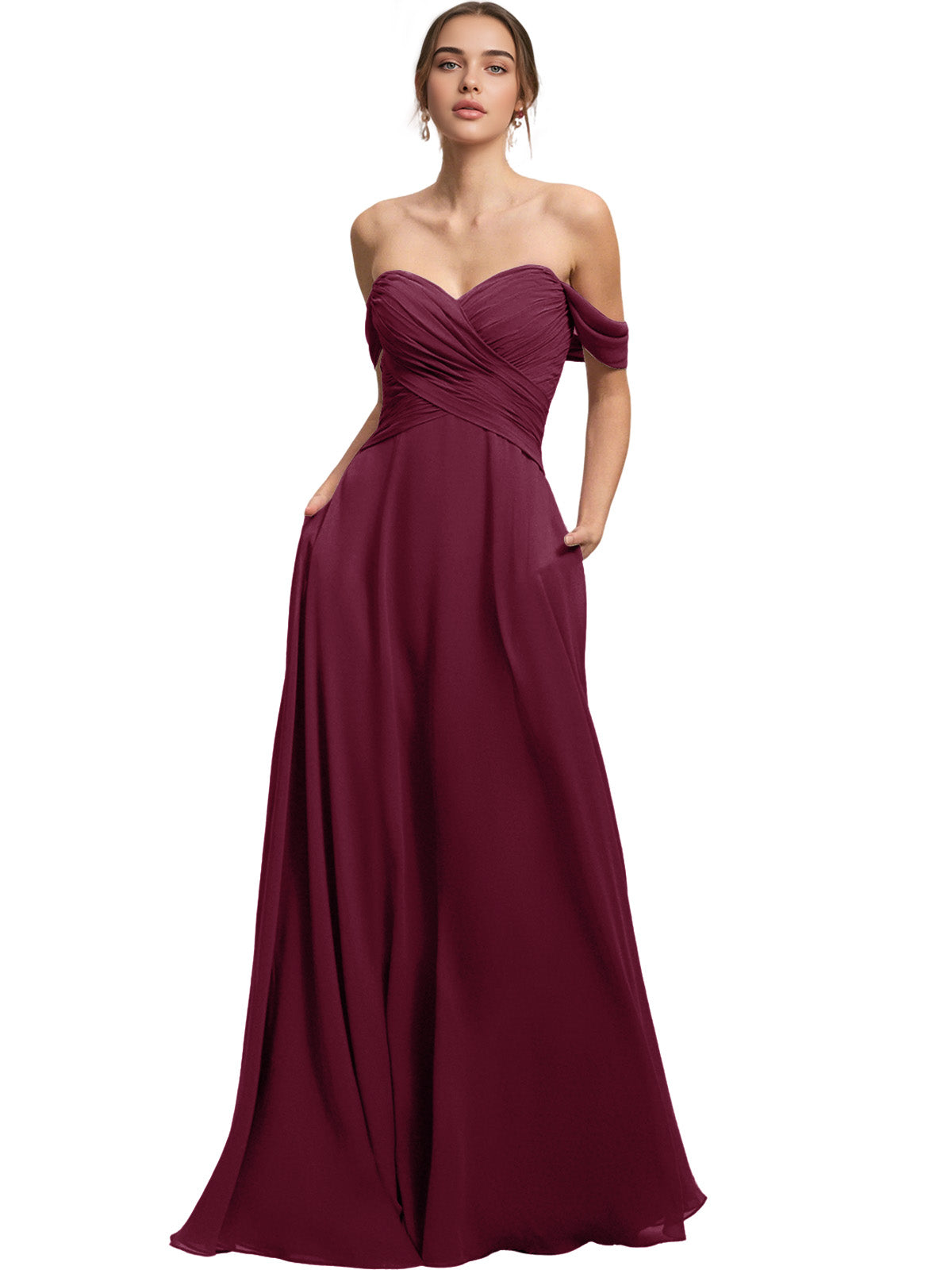 Off Shoulder Chiffon Bridesmaid Dress with Draped Bodice and A-Line Dress