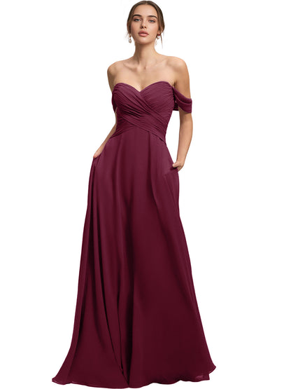 Off Shoulder Chiffon Bridesmaid Dress with Draped Bodice and A-Line Dress
