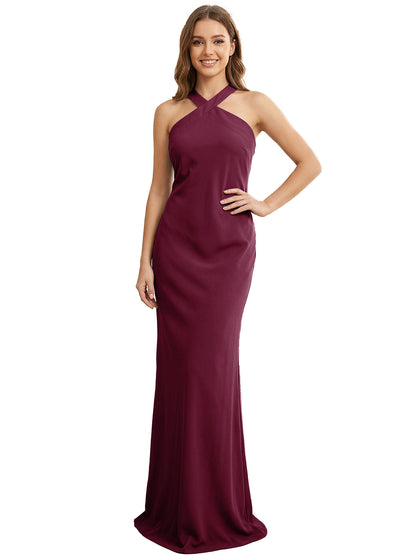 High Neck Halter Bridesmaid Dress with Sleek Column Silhouette