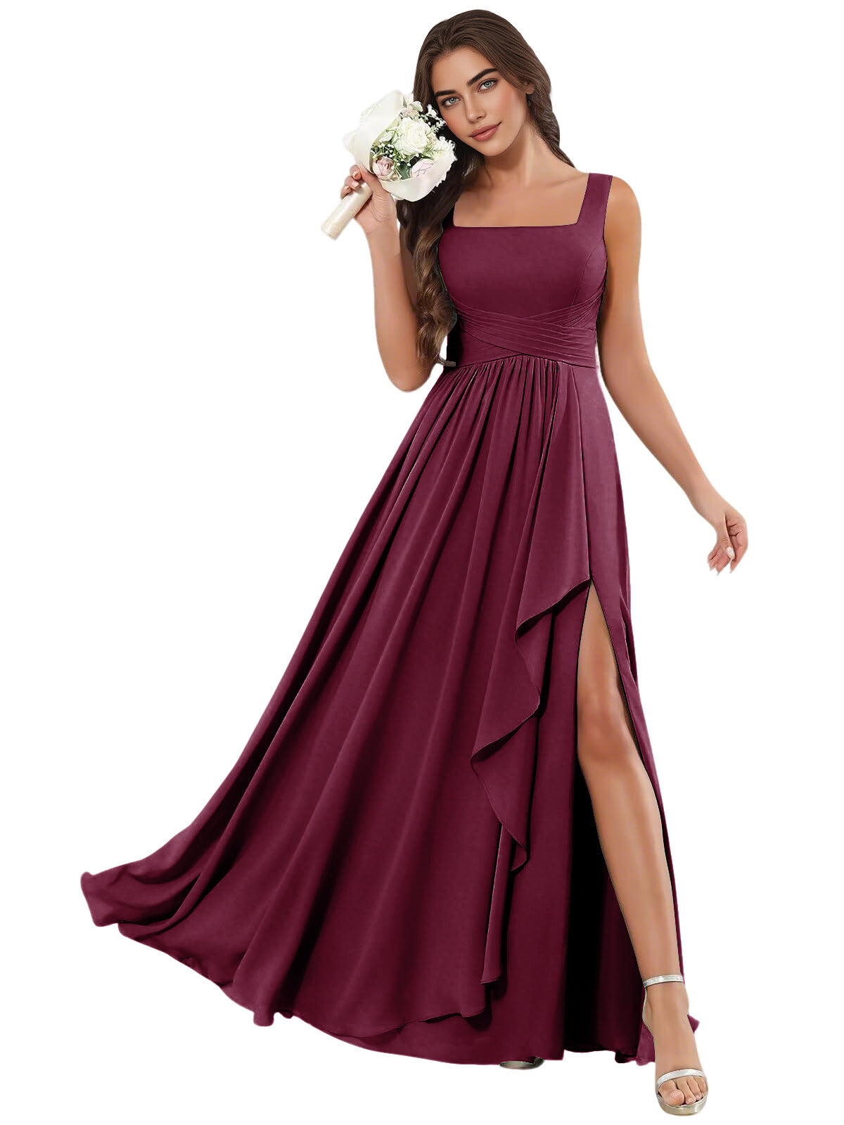 Square Neck Chiffon Bridesmaid Dress with Corset Back and Slit