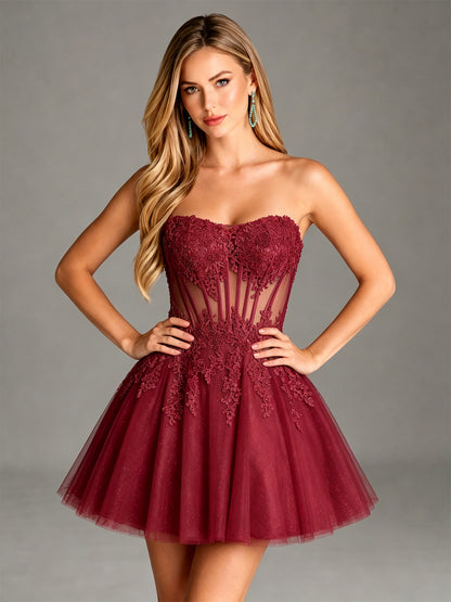 Strapless Lace Applique Glitter Tulle Homecoming Dress