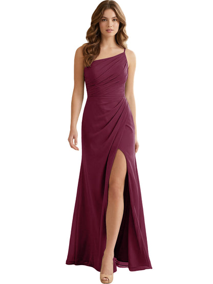 One Shoulder Ruched Chiffon Bridesmaid Dress with Front Slit