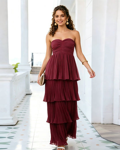 Strapless Tiered Pleated Formal Dress with Ruffle dress