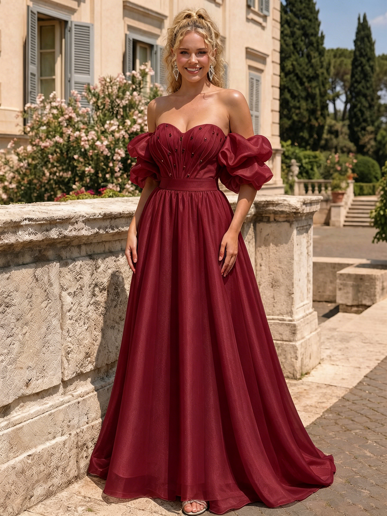 Off The Shoulder Sweetheart A-Line Prom Dress with Puff Sleeves